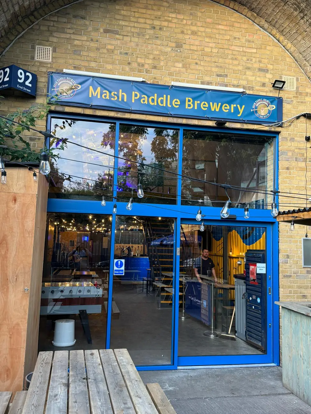Automatic entrance doors installed at a brewery taproom