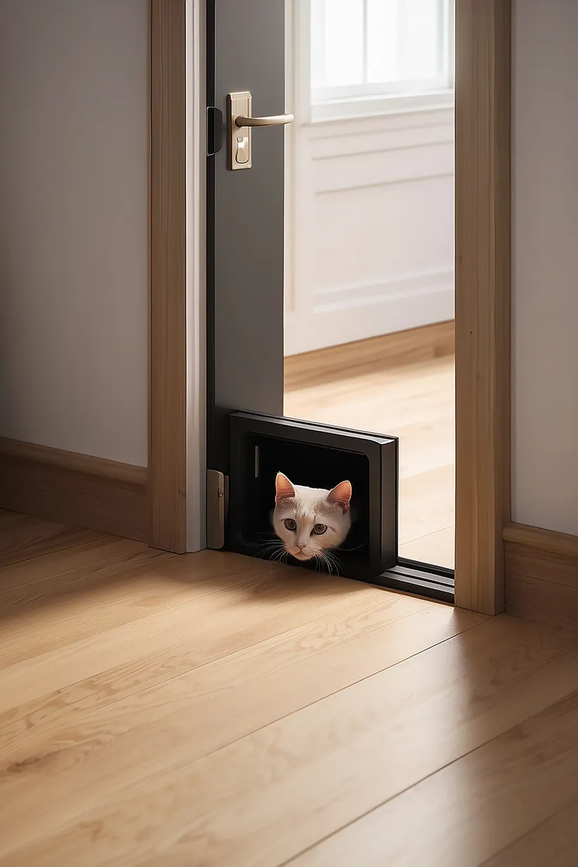 Curious cat peeking through a newly fitted cat flap