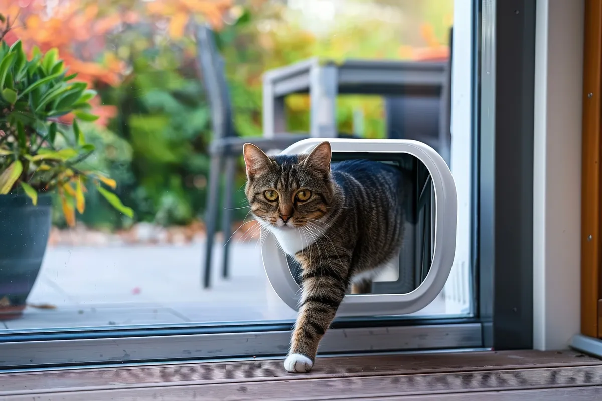 Tabby cat walking through a cat flap fitted into a glass patio door by Range Shop Fronts, London