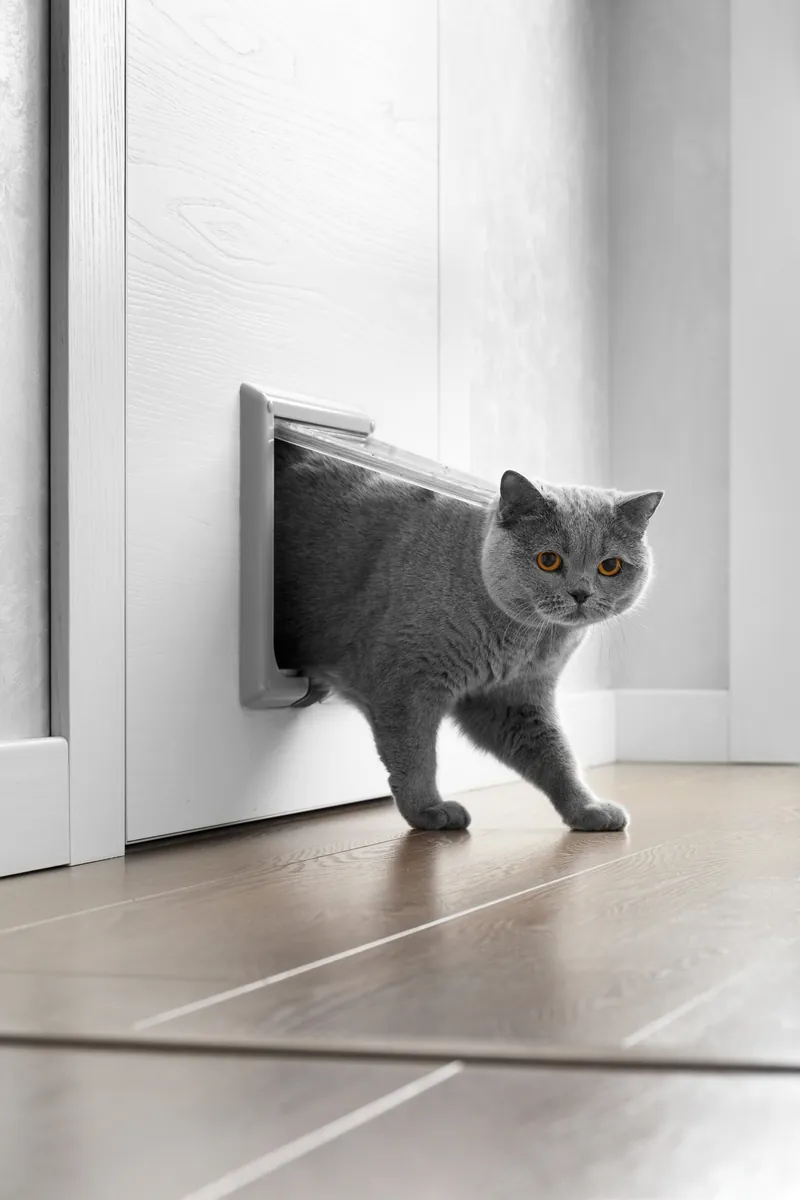 Grey British Shorthair cat coming home through a cat flap fitted in a white internal door