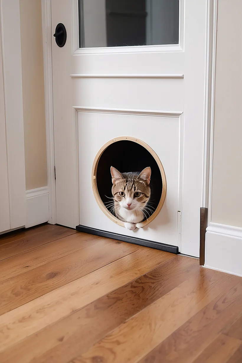 Tabby cat looking out through a round cat flap fitted in a panelled door