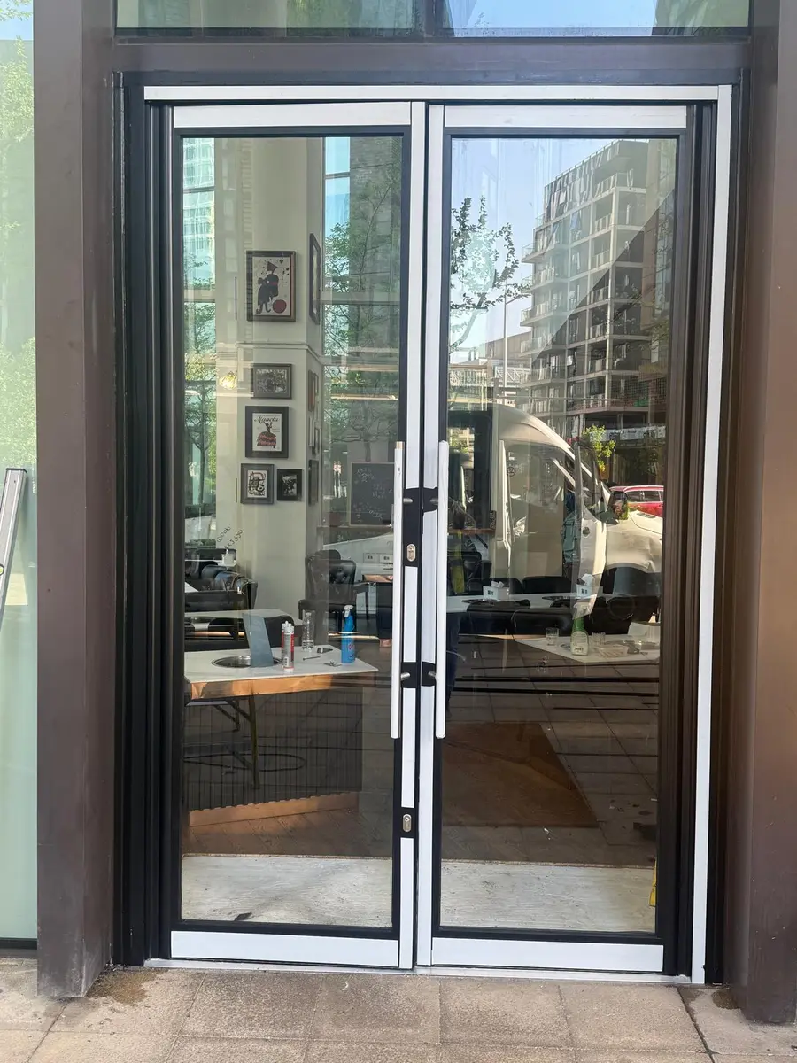 Glazed aluminium double entrance doors fitted to a London office by Range Shop Fronts