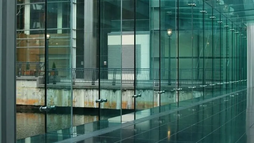 Toughened glass panels on a commercial building facade