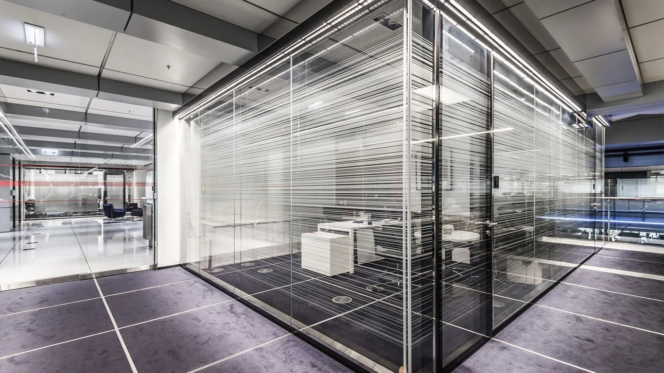 Glass office partitions installed in a commercial interior